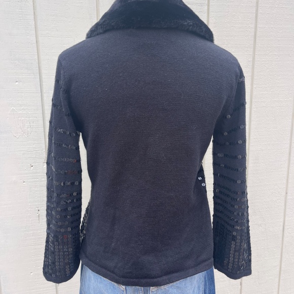 Elana Carello Black Sequin Sweater with Faux Fur Trim Size Small - Picture 6 of 8